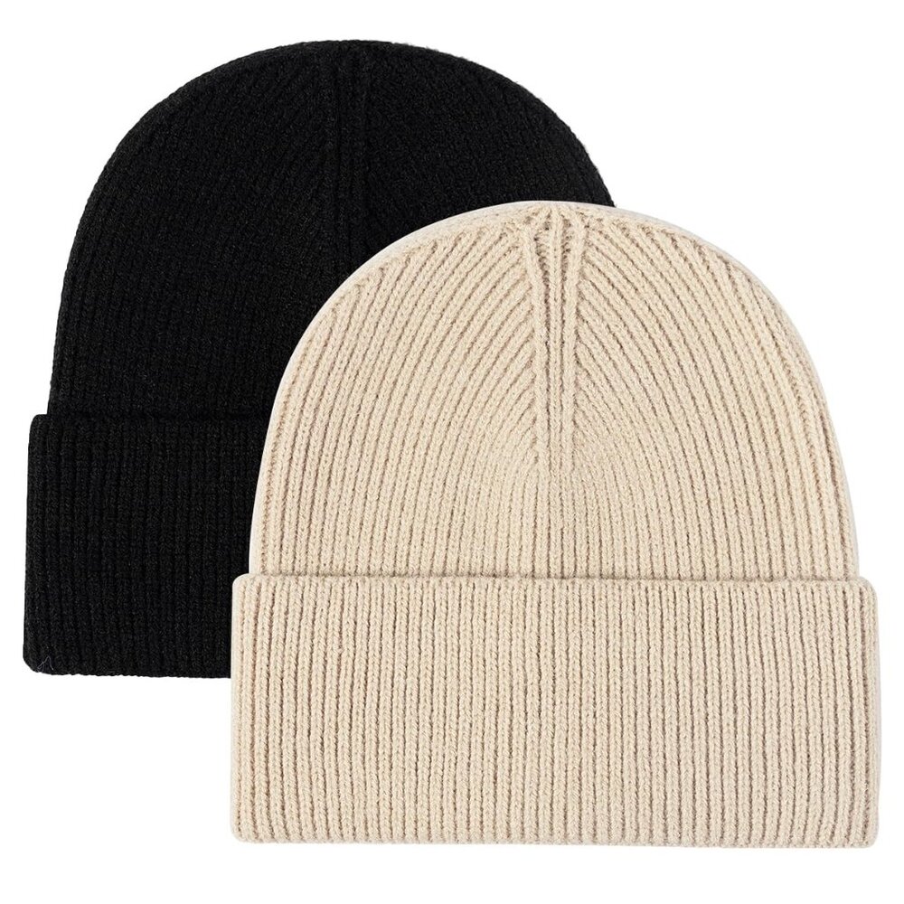 Unisex Rib Knit Cuffed Beanie Hat 2 Pack Winter Warm Minimal Chic - Picture 1 of 5